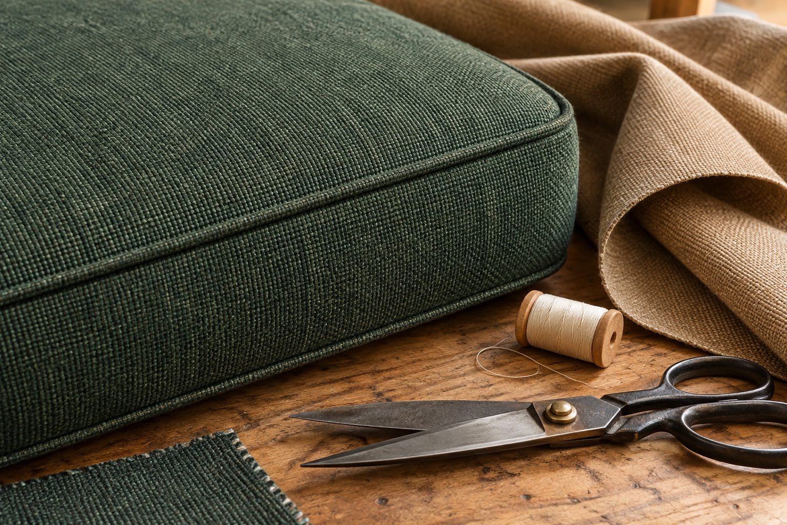 Illustrative AI study of green upholstery fabric, a piped cushion seam, tan fabric and sewing tools
